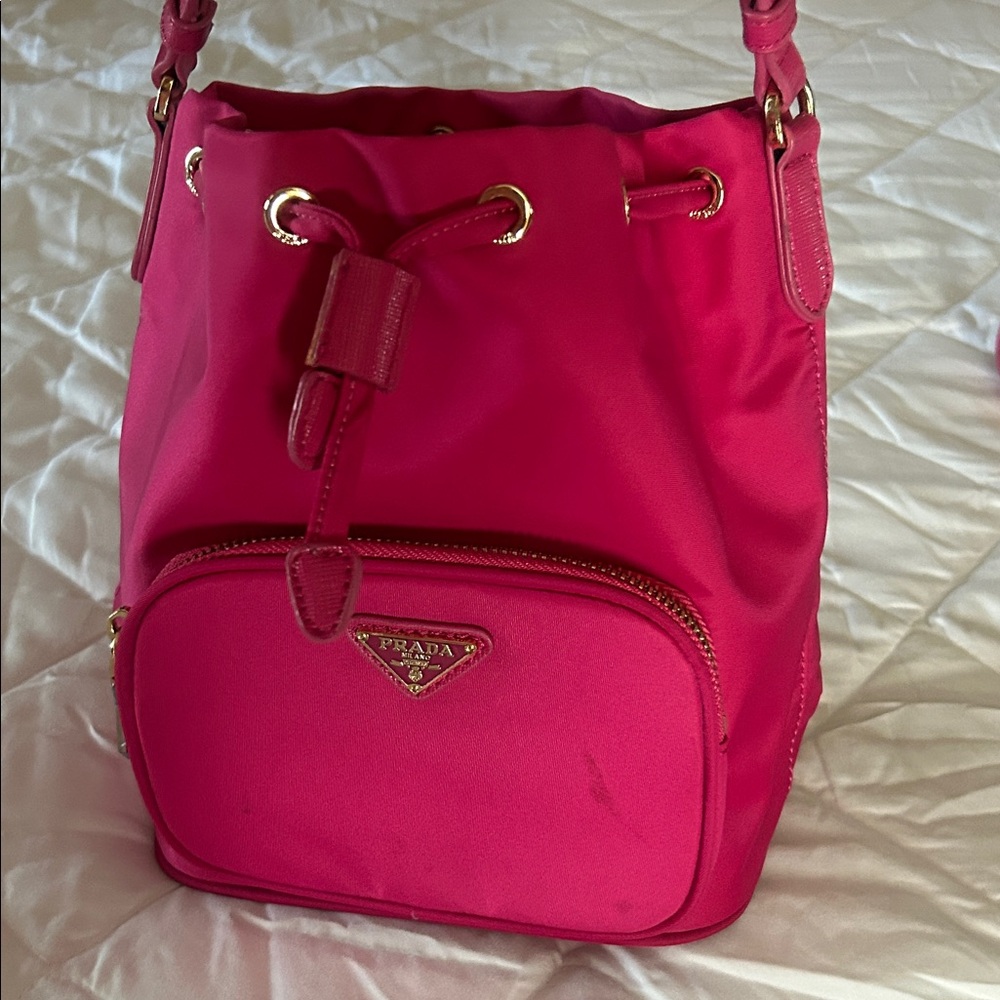 Luxury Nylon Fuchsia Drawstring Bucket Handbag